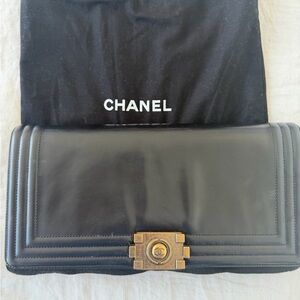 CHANEL Boy Black Leather Clutch with Gold Clasp